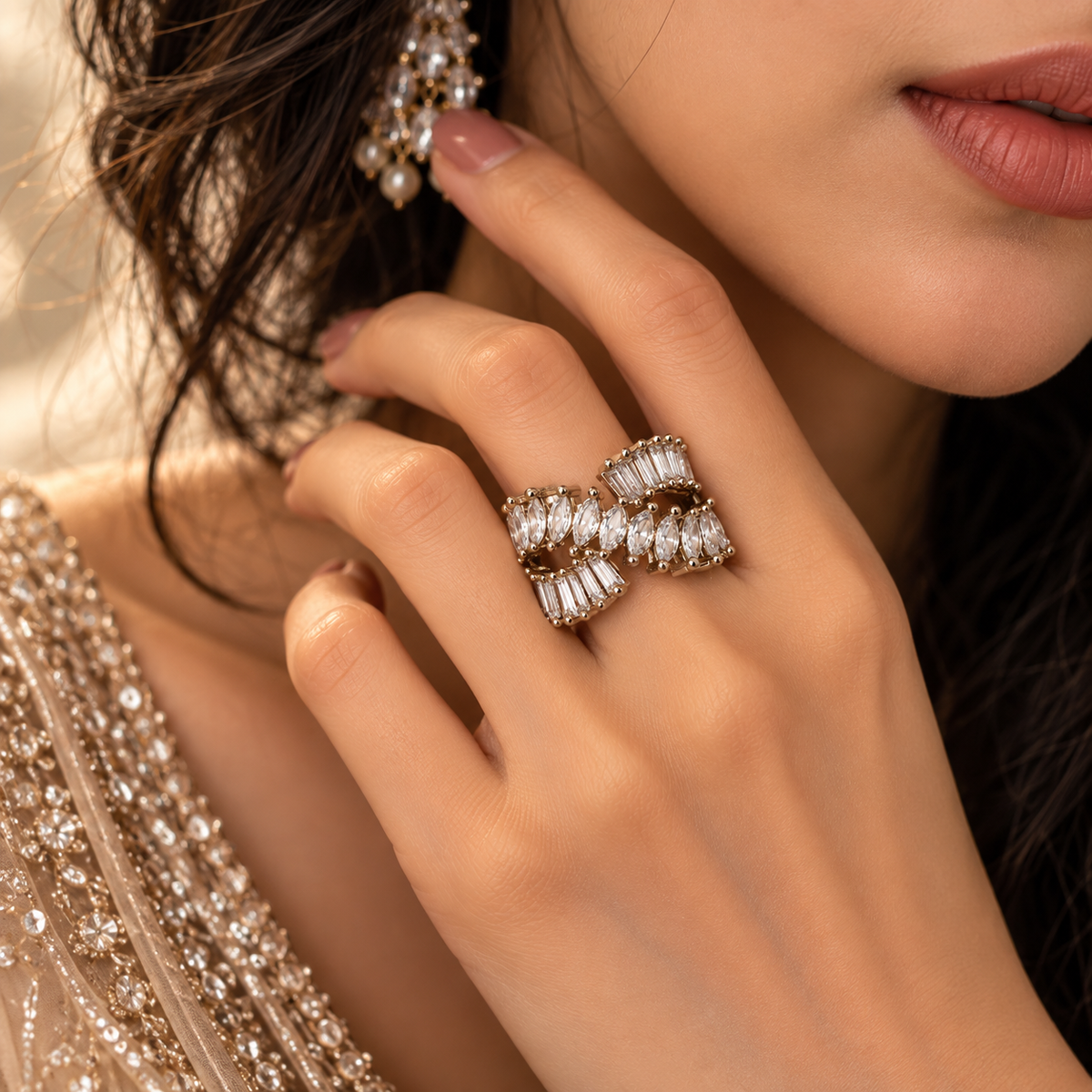 Silver-Toned Crystal Bow Statement Ring