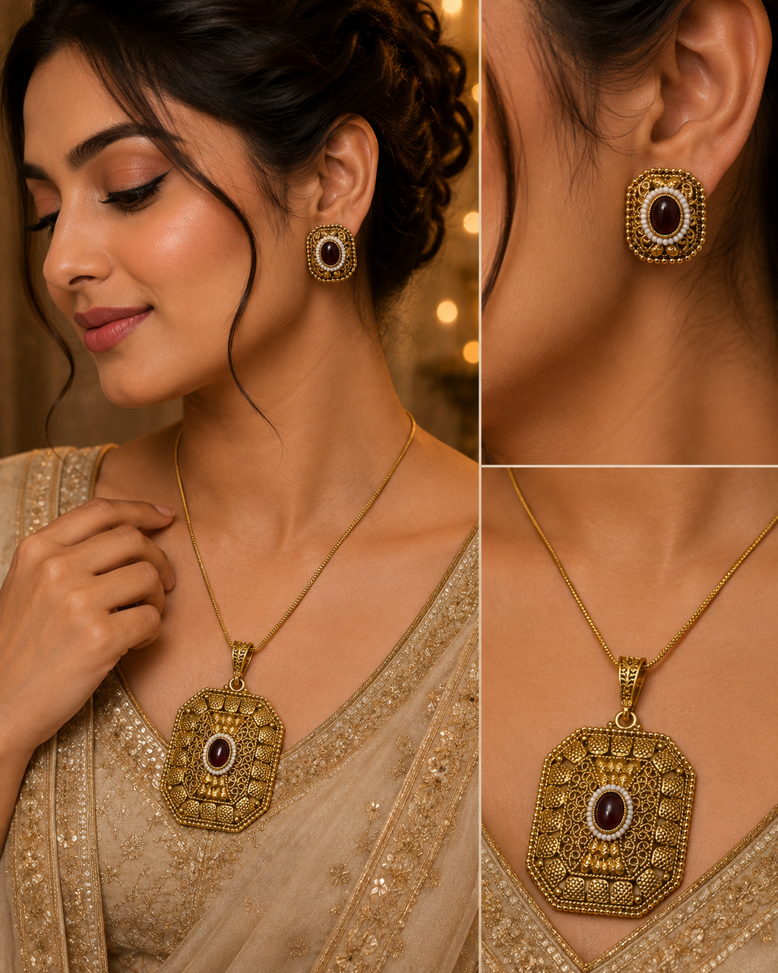 Antique Ruby Gold-Toned Pendant & Stud Set