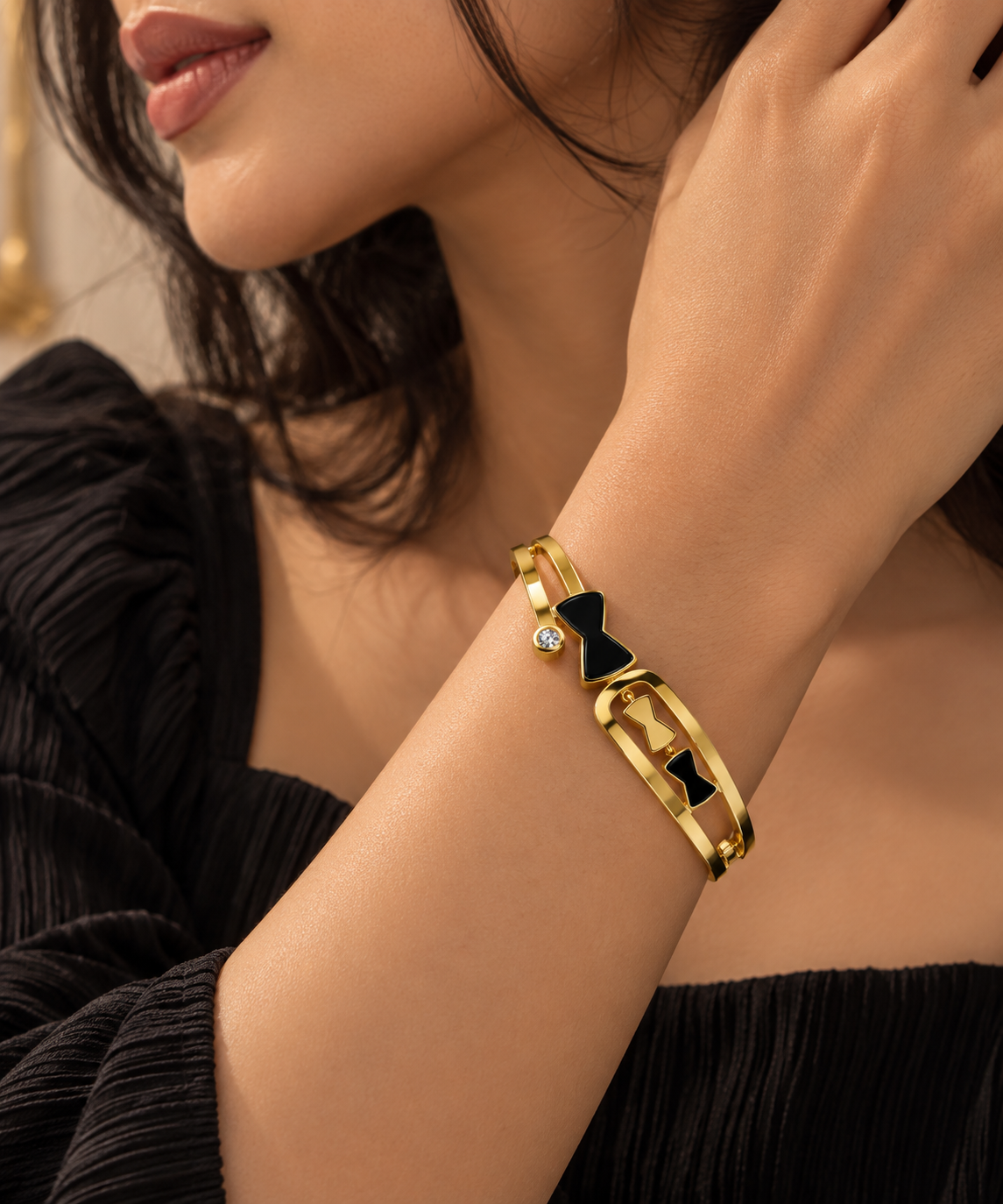 Premium Gold-Toned Black Bow Statement Cuff Bracelet
