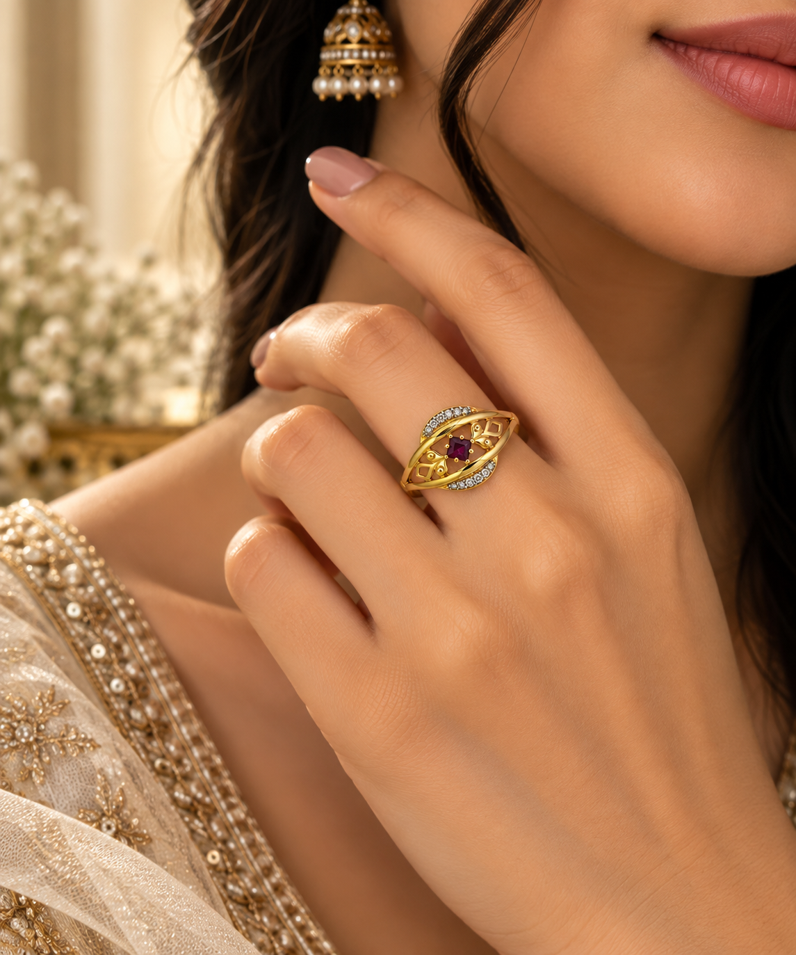 Gold-Toned Ruby Filigree Statement Ring