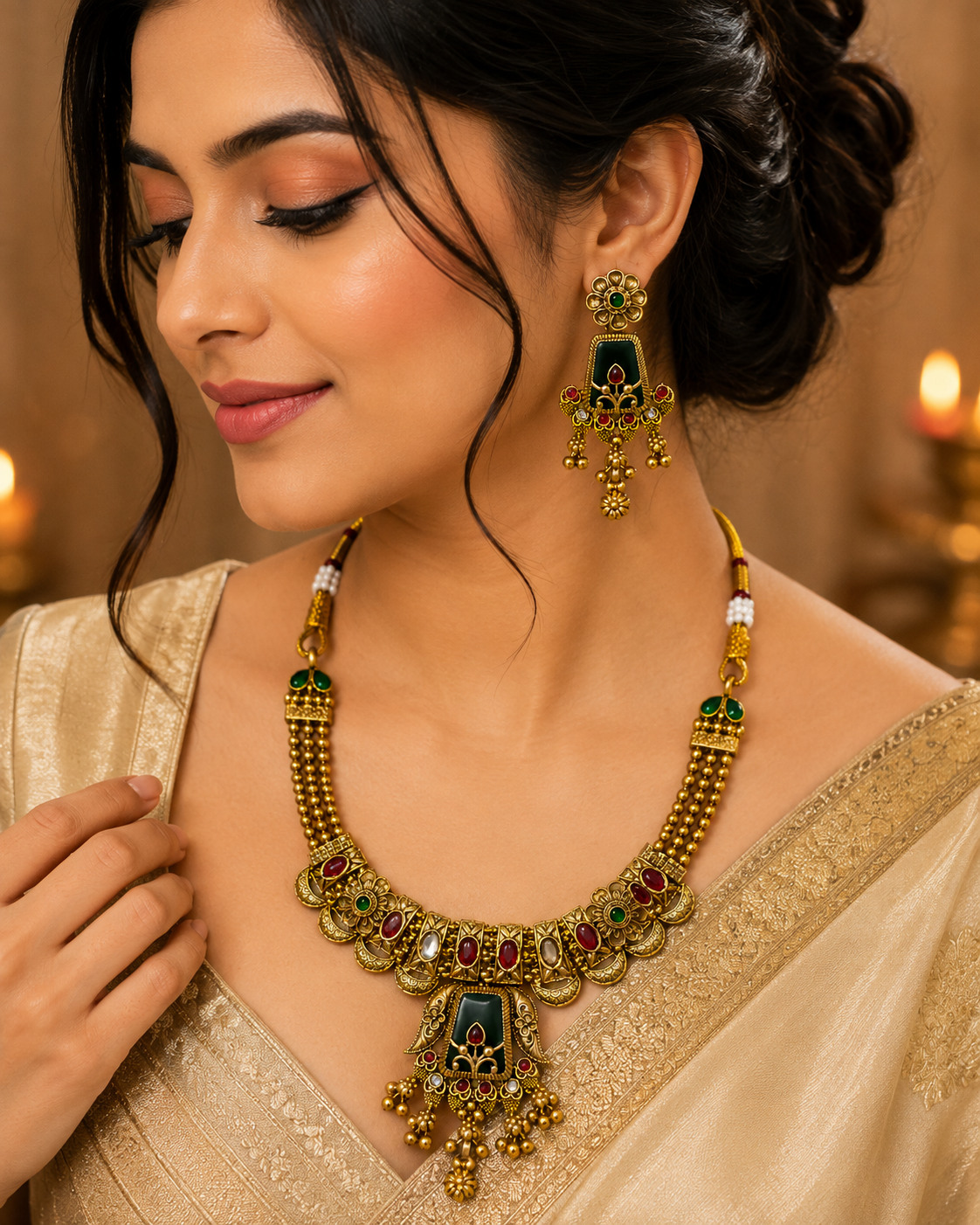 Emerald Heritage Temple Necklace & Jhumka Set