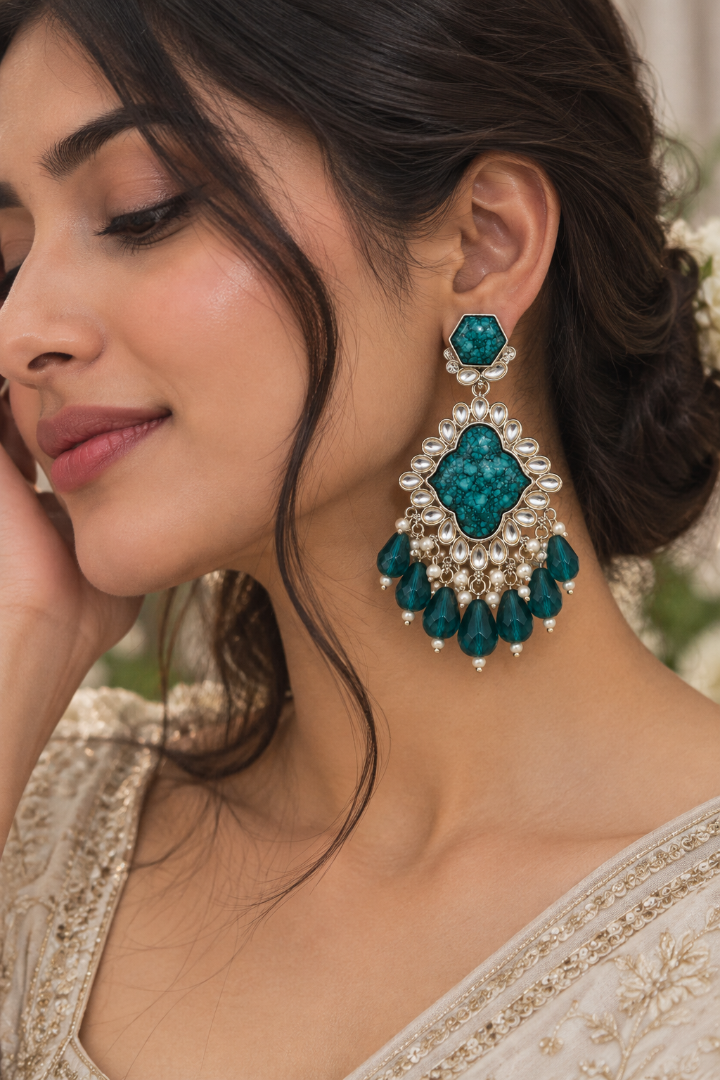 Premium Silver-Toned Teal Blue Stone Pearl Statement Chandelier Earrings