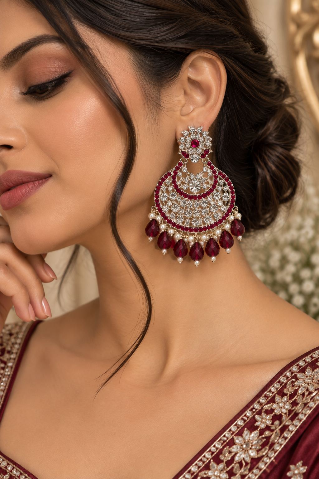 Premium Silver-Toned Ruby Pink Chandbali Statement Earrings