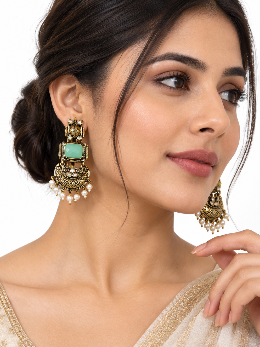 Premium Antique Silver-Toned Mint Green Stone Statement Earrings