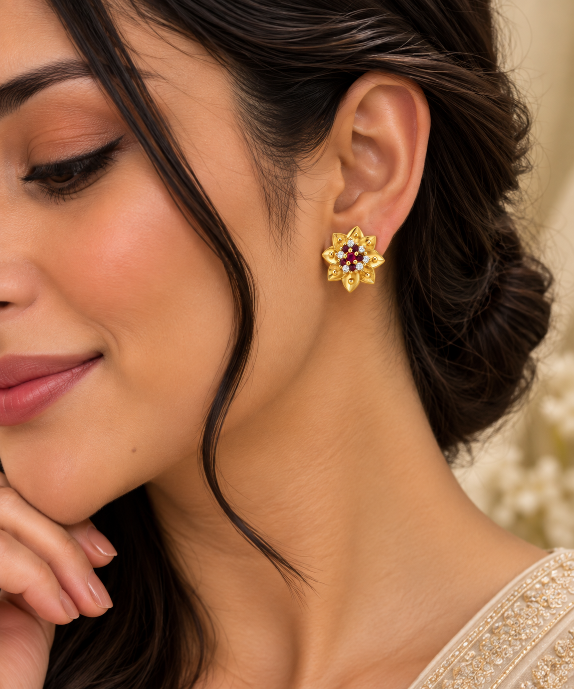 Gold-Toned Floral Cluster Stud Earrings