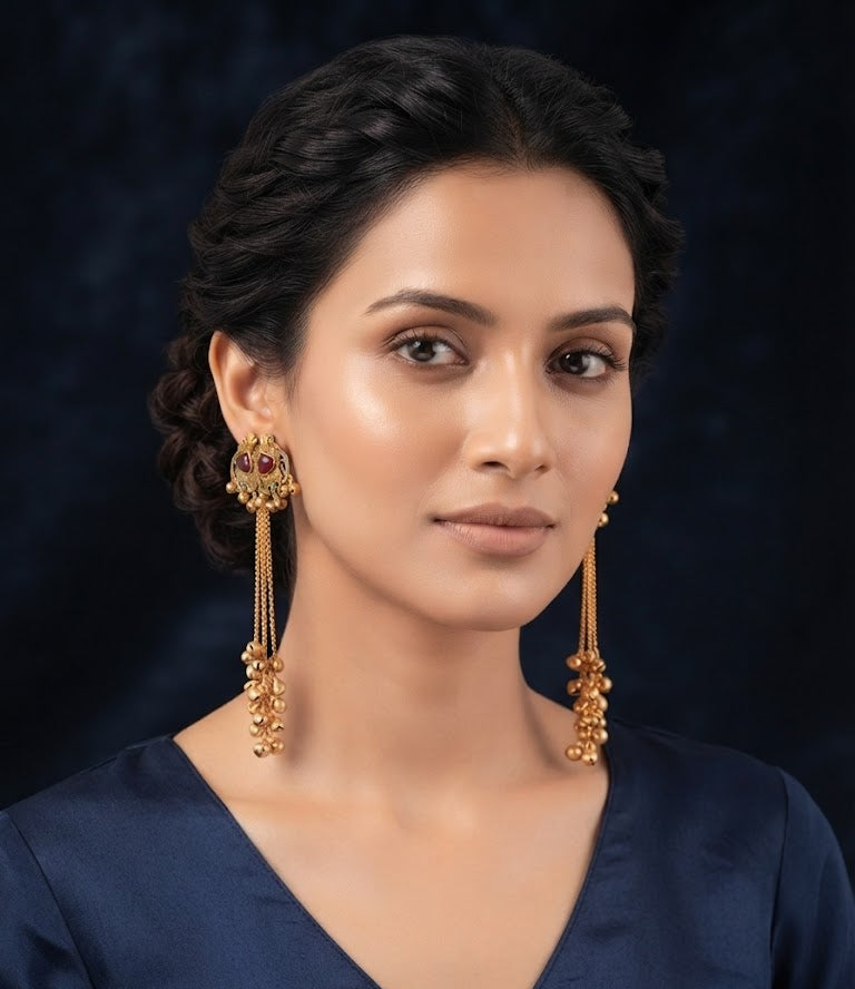 Premium Maroon Stone Golden Chain Bell Drop Earrings