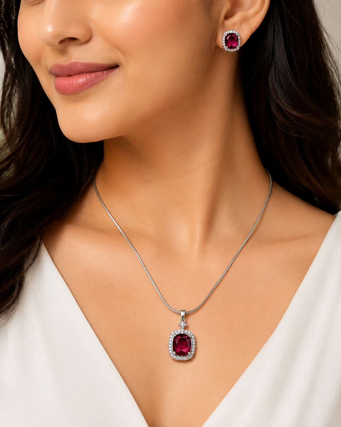 Ruby Pink Silver-Toned Pendant Set