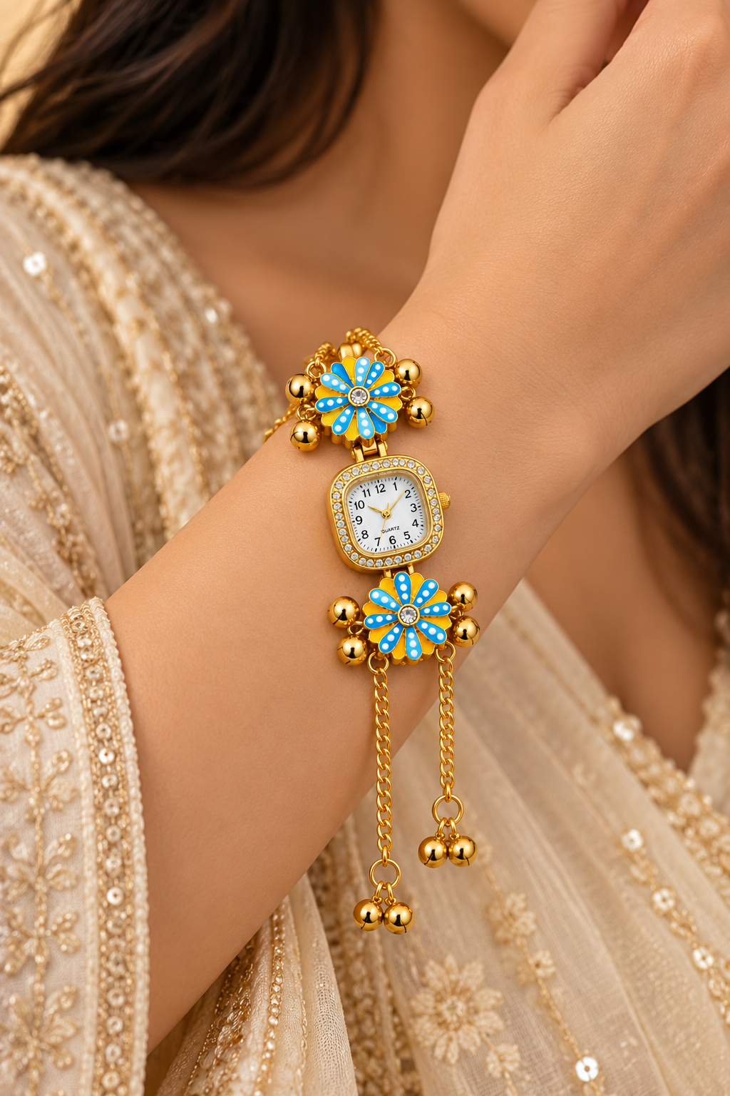 Gold-Toned Floral Bracelet Watch