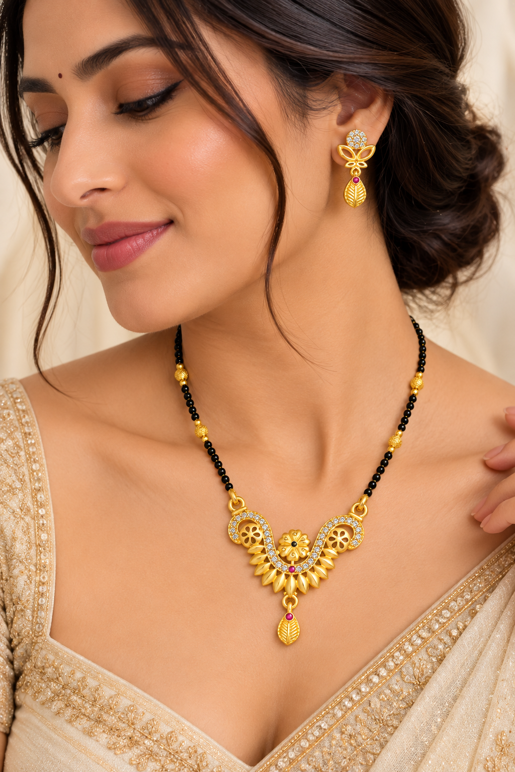 Premium Gold-Toned Mangalsutra Set with Floral Pendant