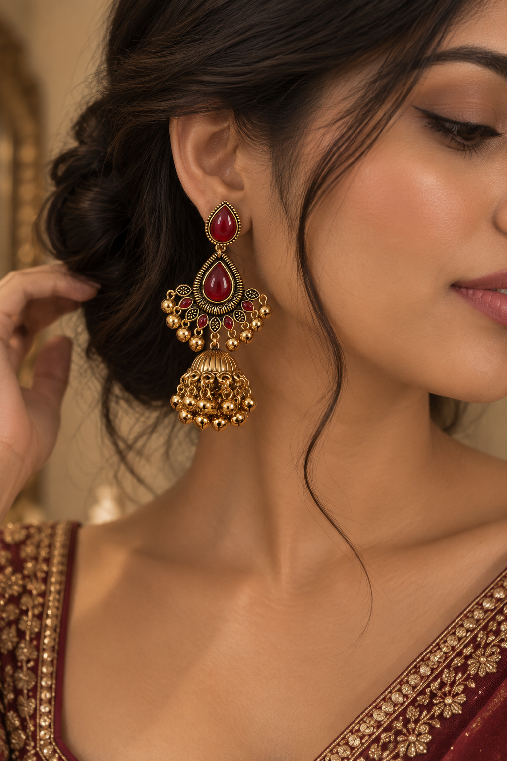 Premium Antique Gold-Toned Ruby Red Stone Chandelier Jhumka Earrings