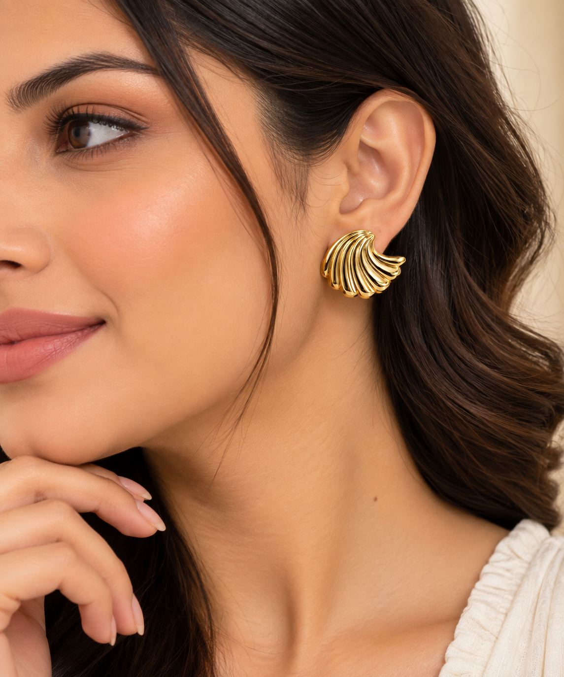 Gold-Toned Ribbed Fan Stud Earrings
