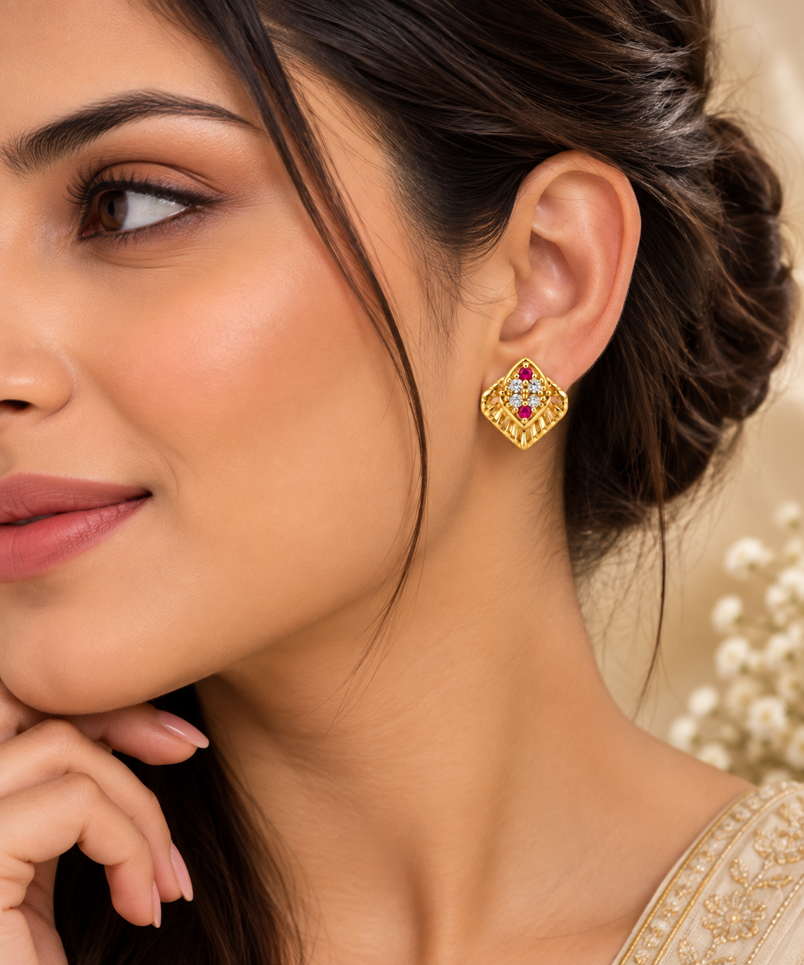 Gold-Toned Square Floral Stud Earrings