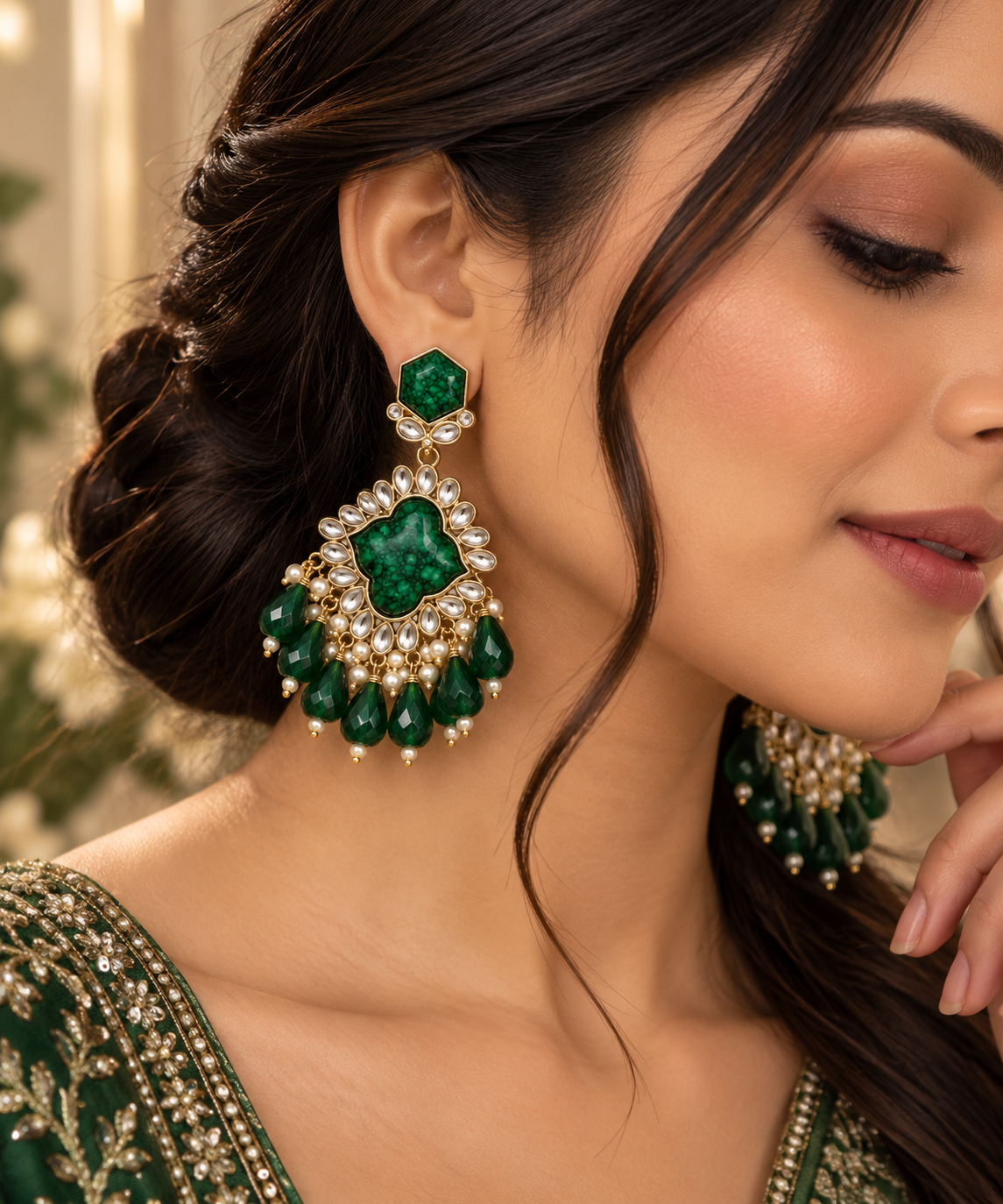 Premium Silver-Toned Emerald Green Kundan-Style Pearl Chandelier Earrings