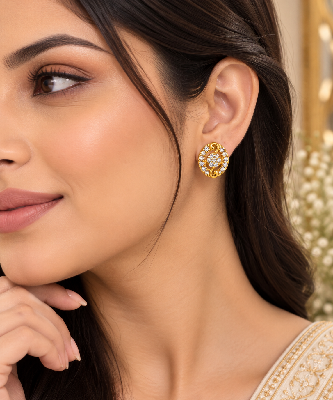 Gold-Toned Oval Crystal Stud Earrings