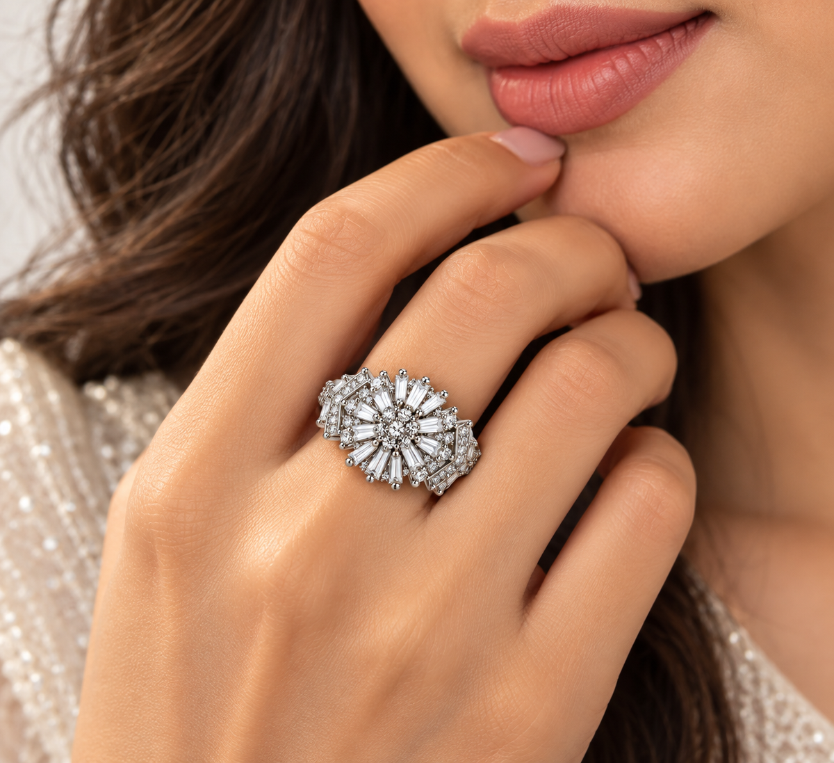 Silver Crystal Sunburst Cocktail Ring