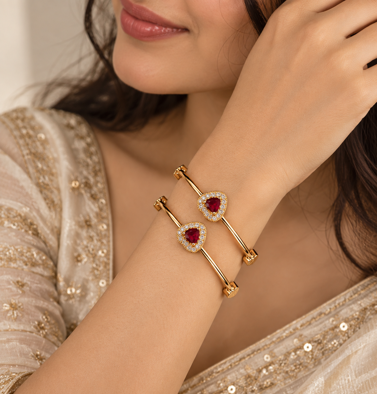 Premium Gold-Toned Ruby Red Heart Stone Bracelet