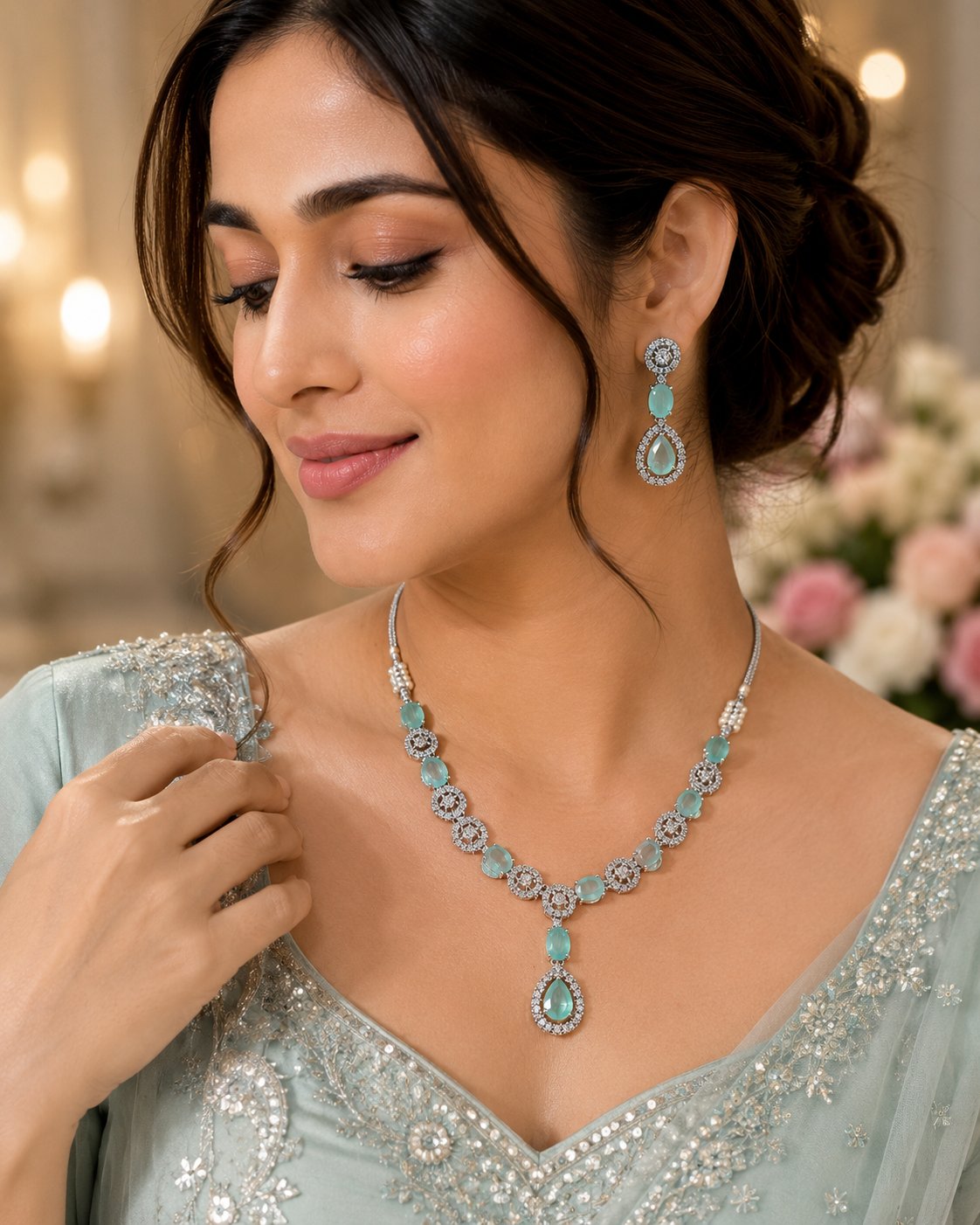 Silver-Toned Mint Green Crystal Necklace & Earring Set