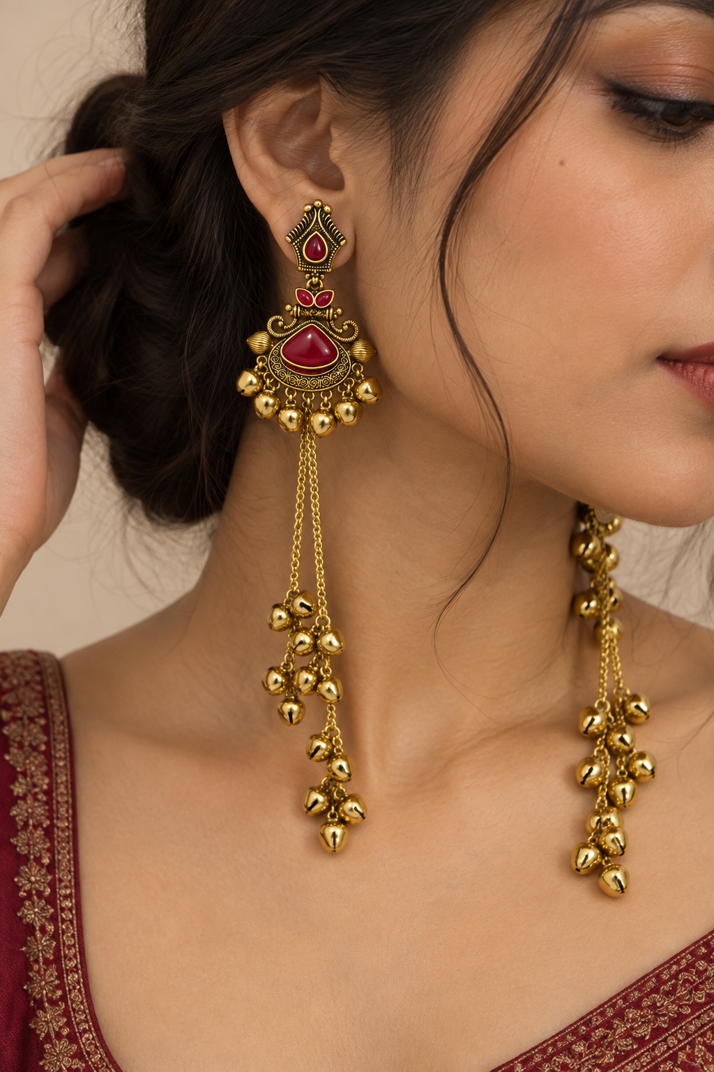 Premium Gold-Toned Red Stone Long Chain Jhumka Earrings
