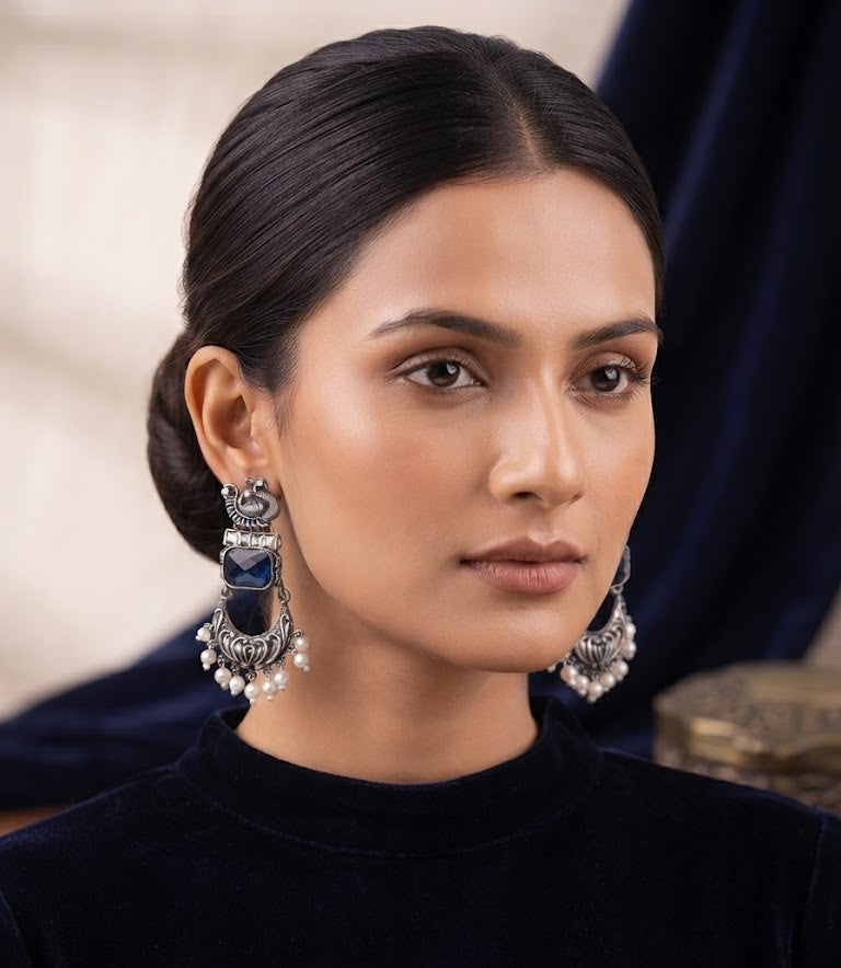 Premium Oxidized Silver Peacock-Inspired Blue Stone Jhumka Earrings
