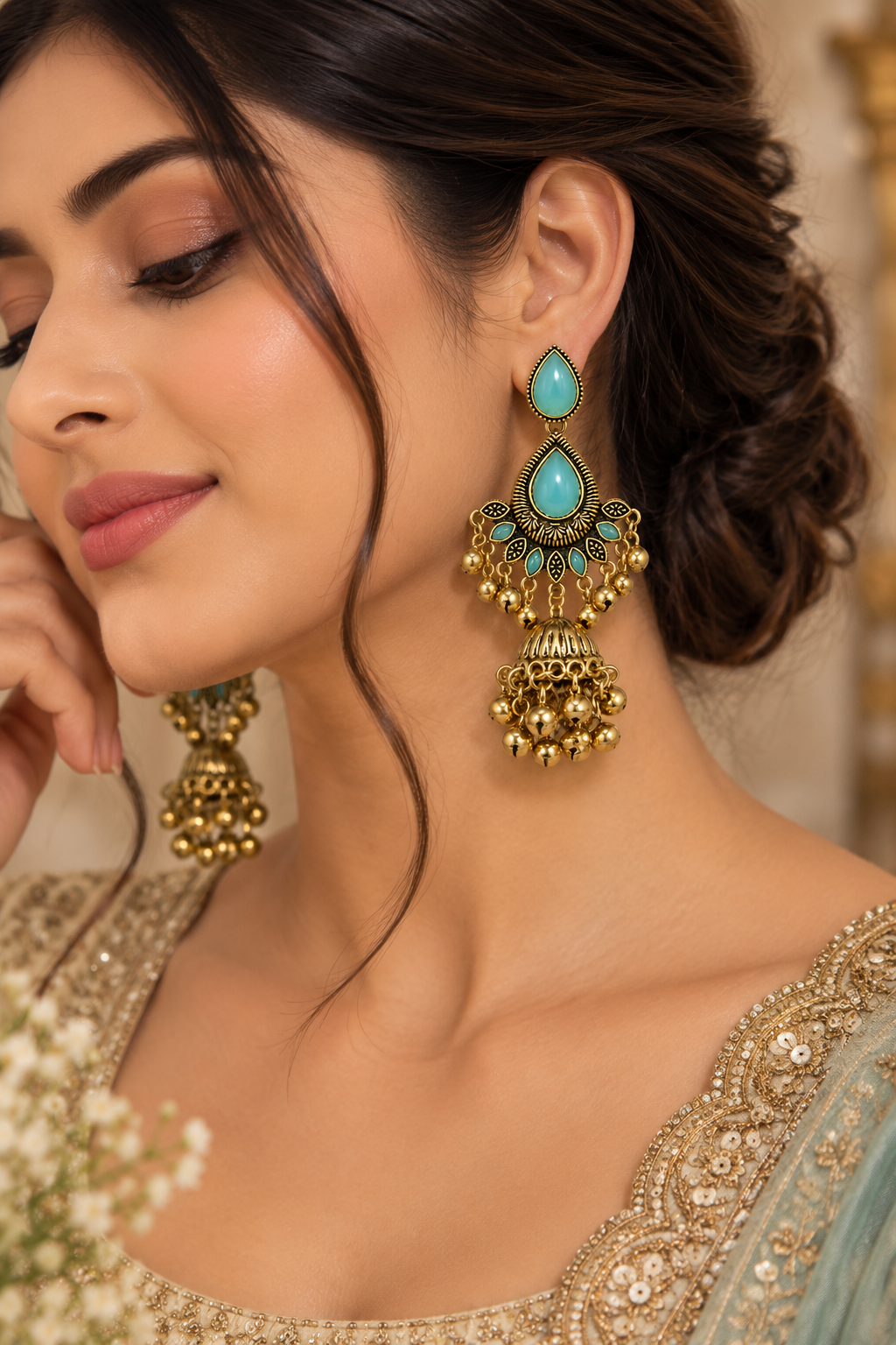 Premium Antique Gold-Toned Turquoise Stone & Bell Jhumka Earrings