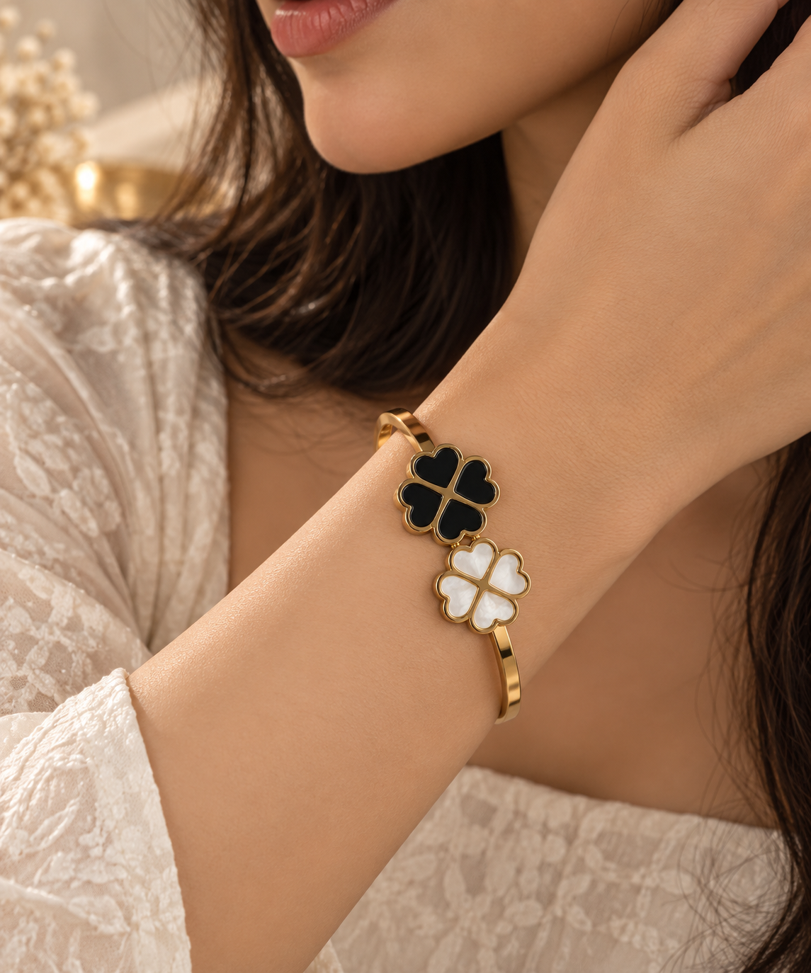 Premium Gold-Toned Black & White Clover Charm Bracelet