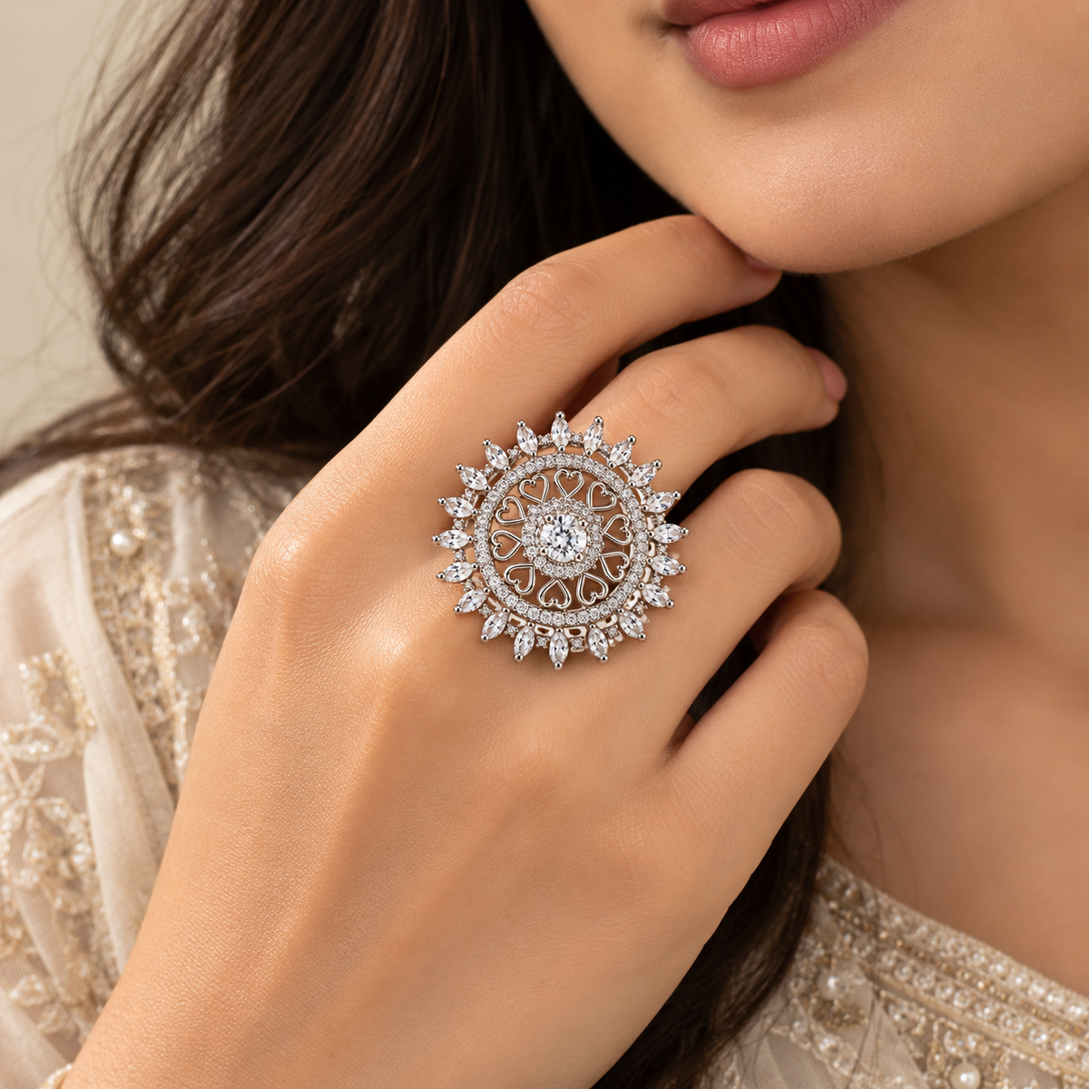 Premium Silver-Toned Heart Motif Statement Ring