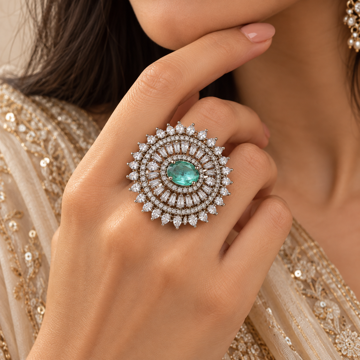 Premium Silver-Toned Aqua Stone Statement Ring
