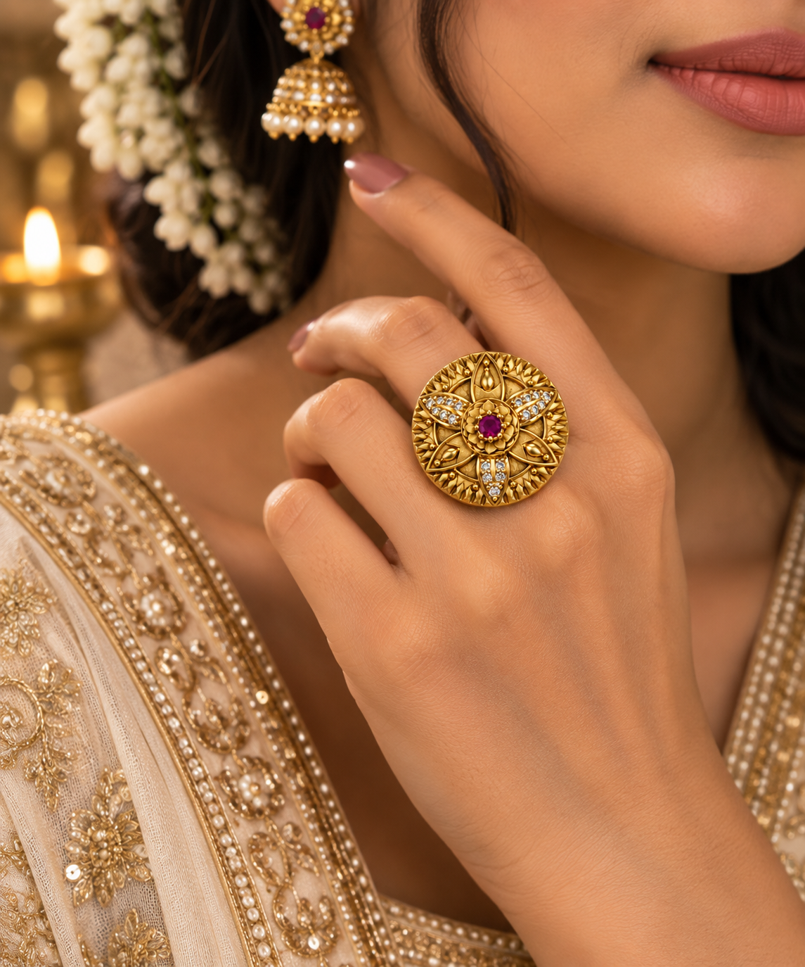 Antique Gold-Toned Ruby Floral Statement Ring