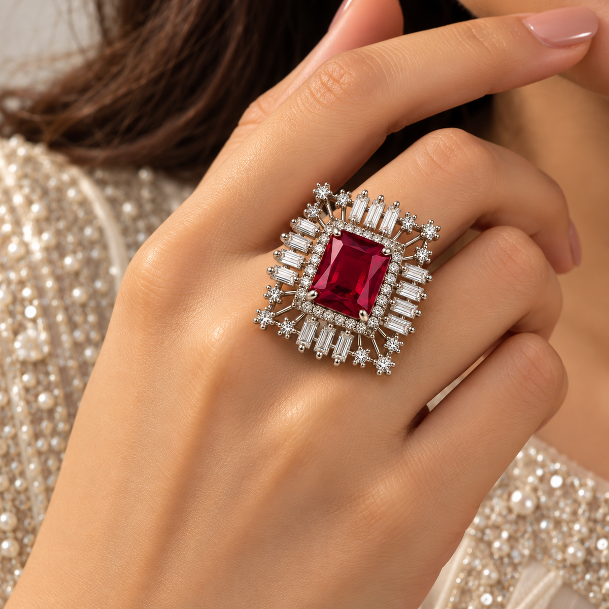 Silver-Toned Ruby Rectangular Statement Ring