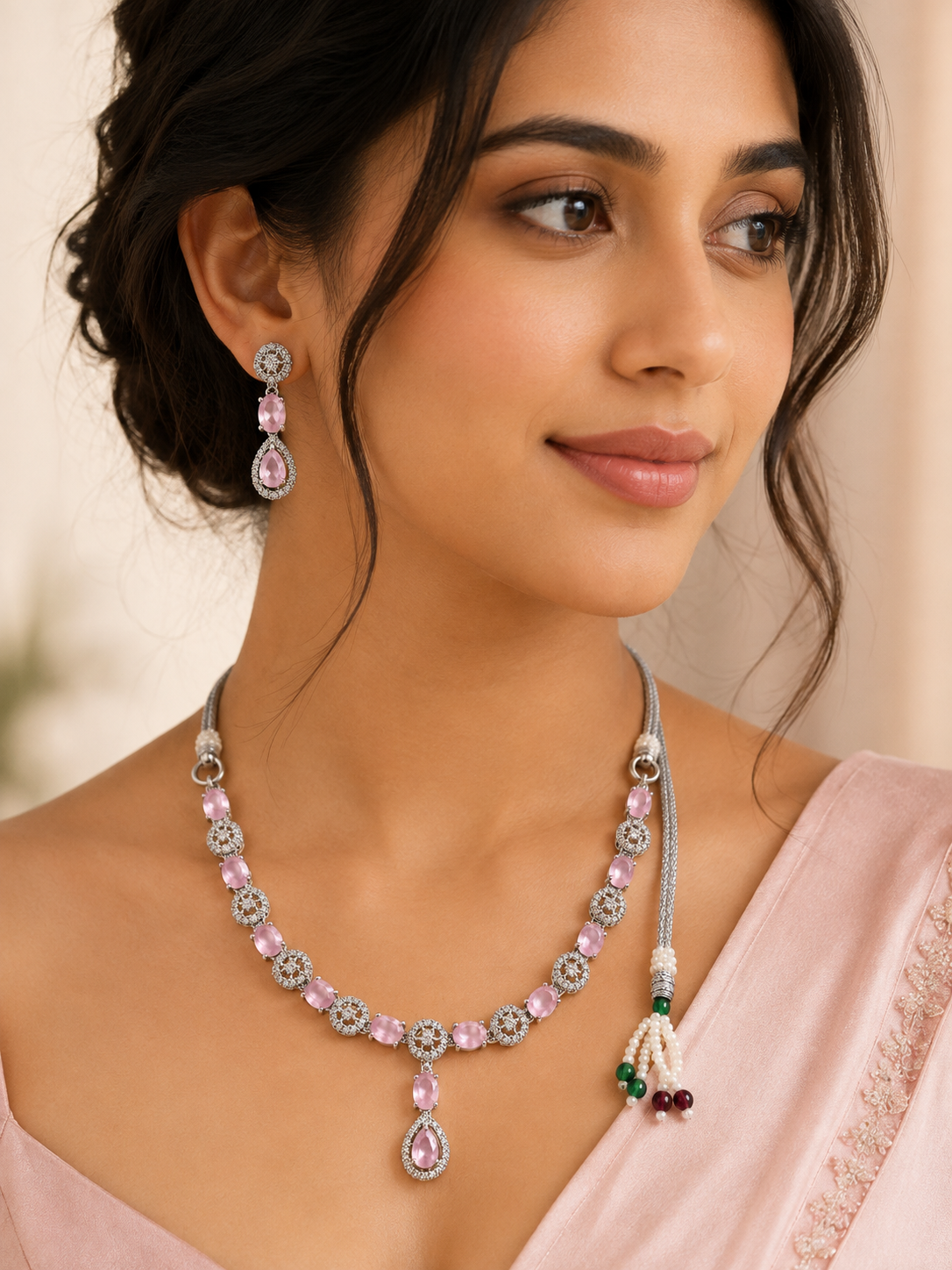 Rose Quartz Silver-Toned Necklace Set