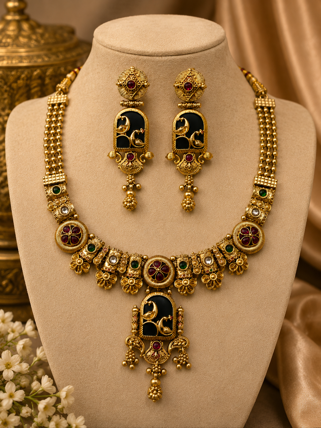 Royal Black & Gold Antique Necklace & Earring Set
