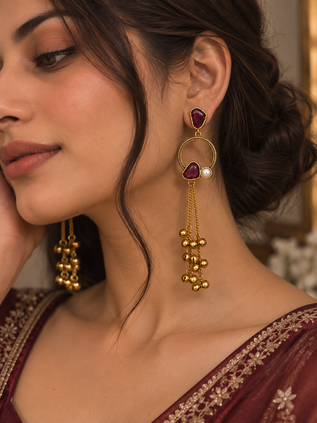 Premium Gold-Toned Purple Stone Long Chain Chandelier Earrings
