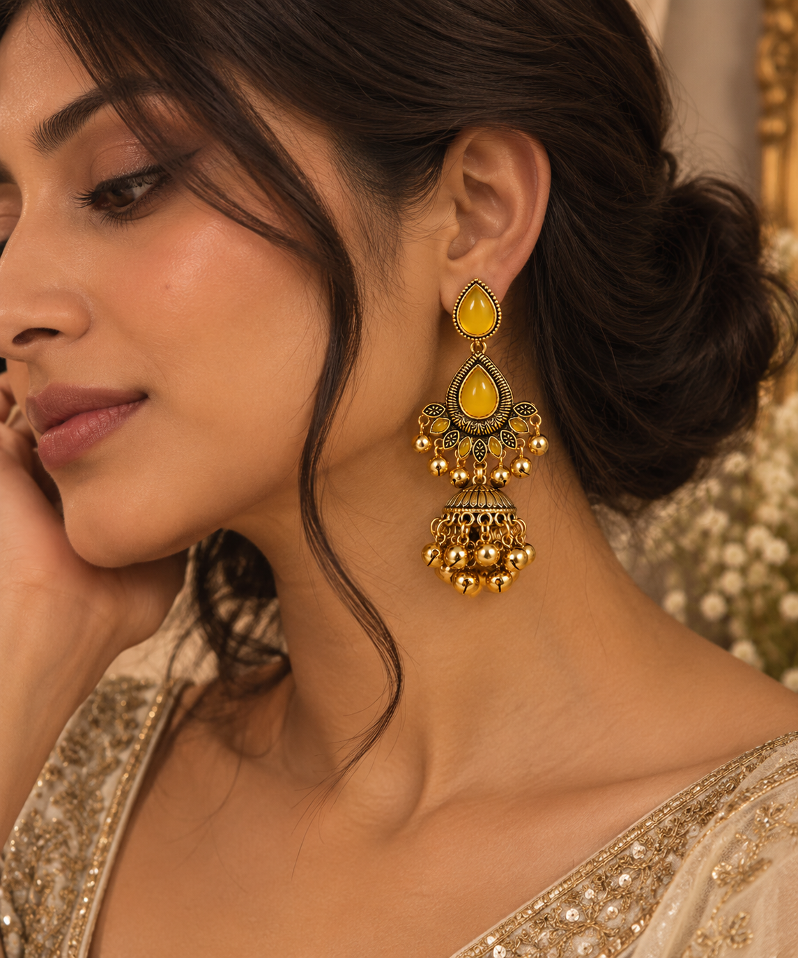 Premium Gold-Toned Yellow Stone Traditional Jhumka Earrings