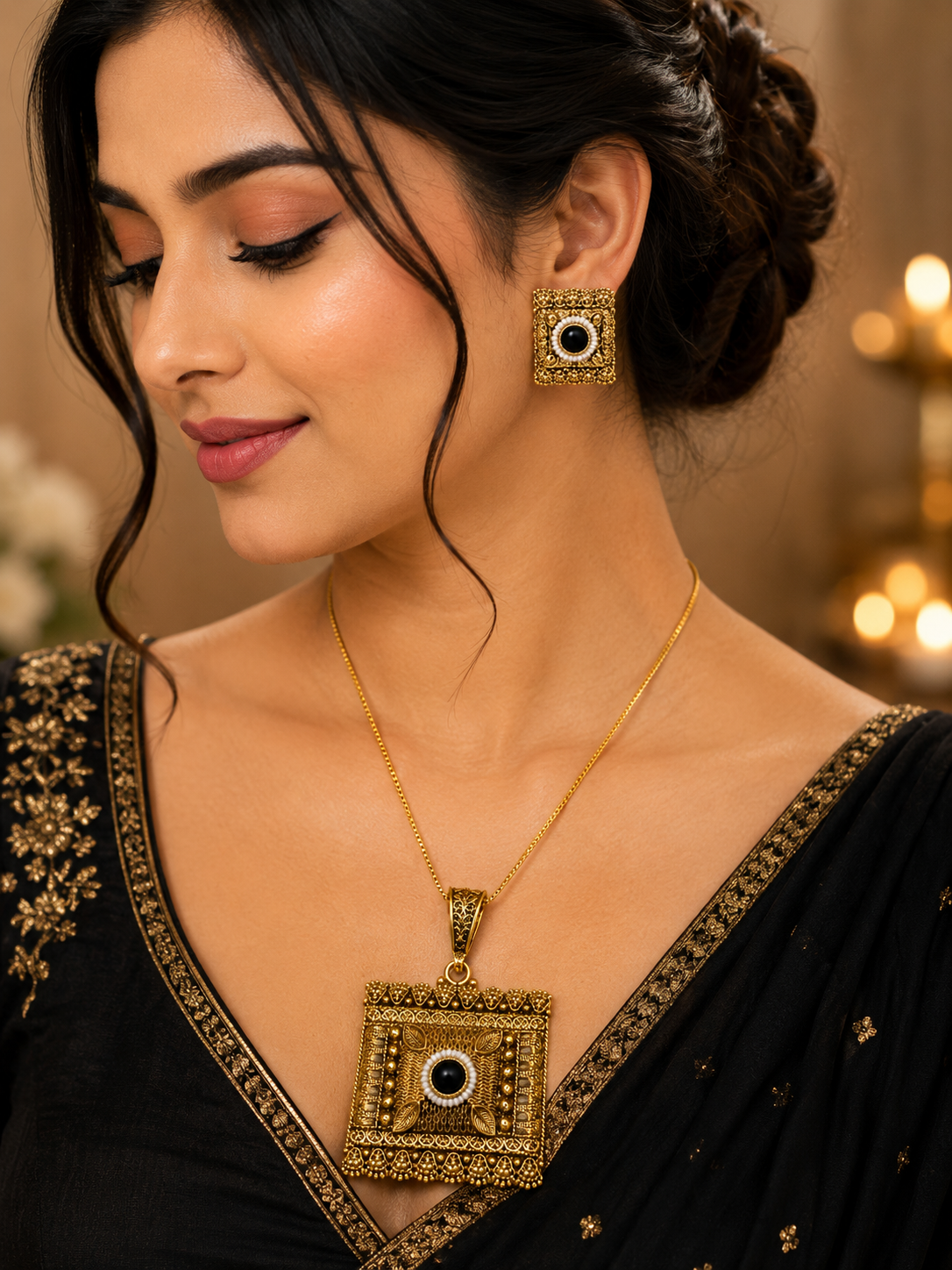 Antique Black Stone Pendant & Stud Set