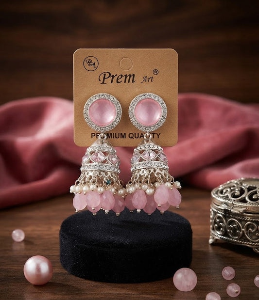Premium Pink Crystal Jhumka Earrings