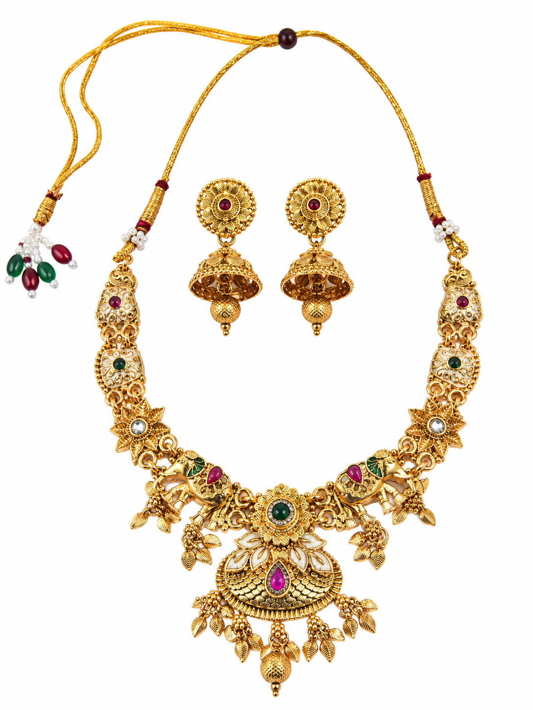 Gold-Toned Traditional Necklace & Jhumka Jewellery Set