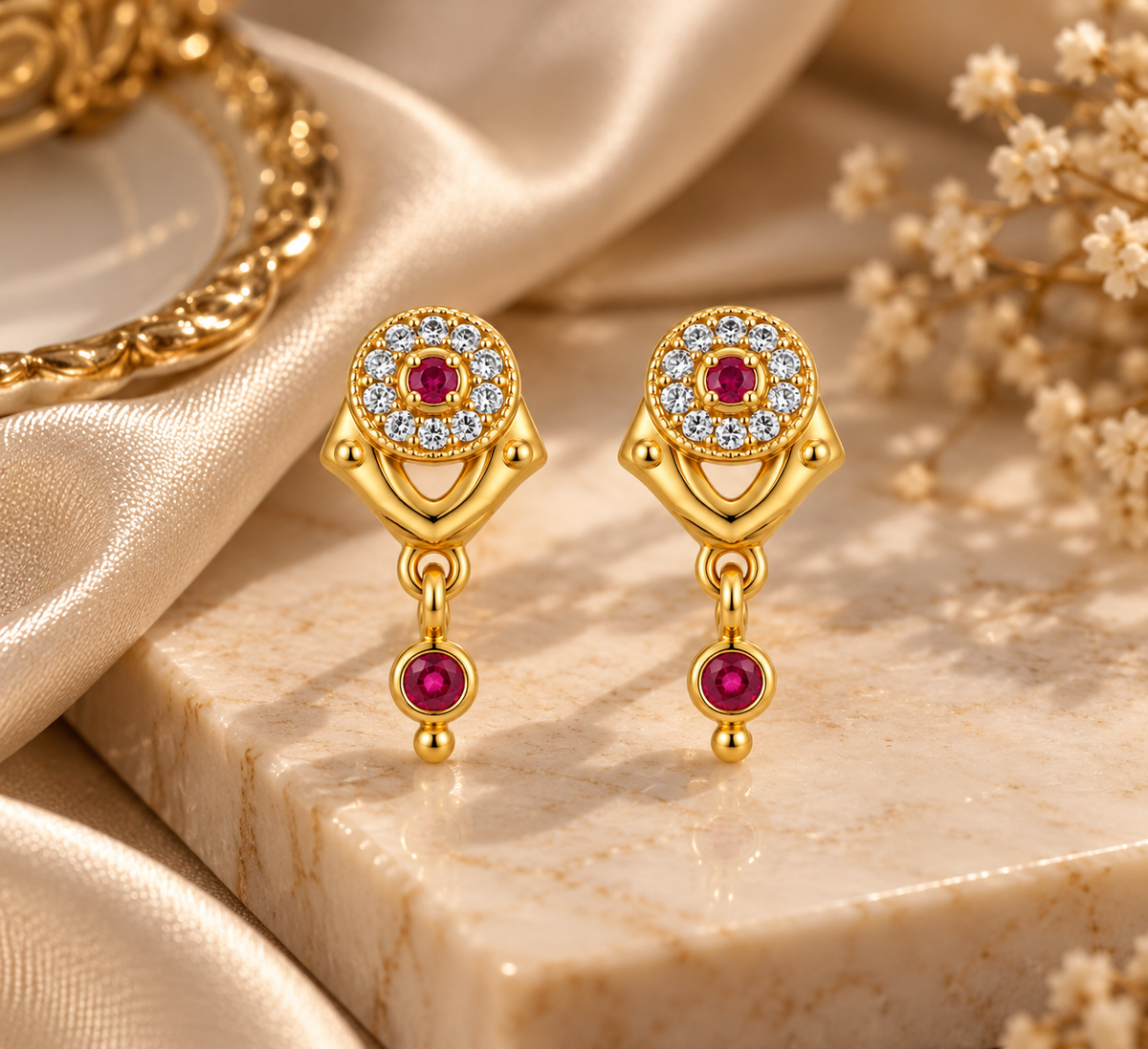 Premium Gold-Toned Ruby Crystal Drop Stud Earrings