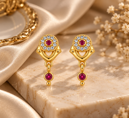 Premium Gold-Toned Ruby Crystal Drop Stud Earrings