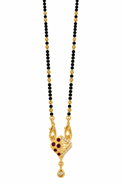 Gold-Toned Black Beaded Mangalsutra with Purple Pendant