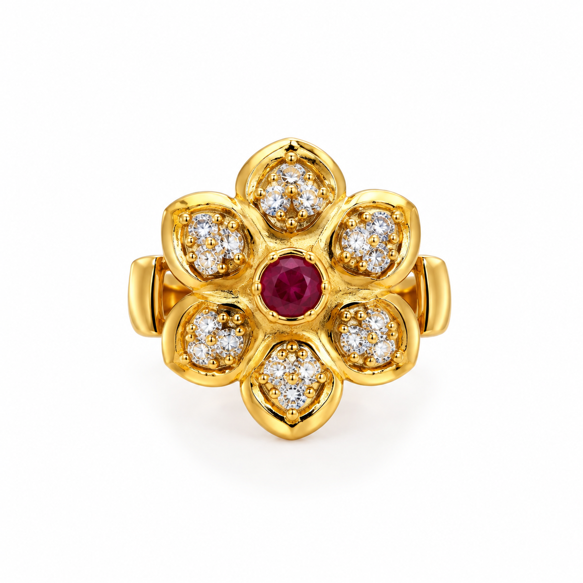 Gold-Toned Ruby Floral Statement Ring