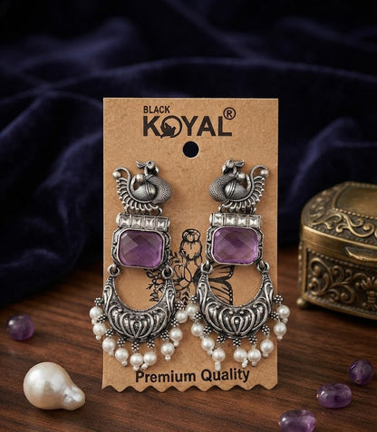 Premium Oxidized Silver Peacock-Inspired Purple Stone Statement Earrings