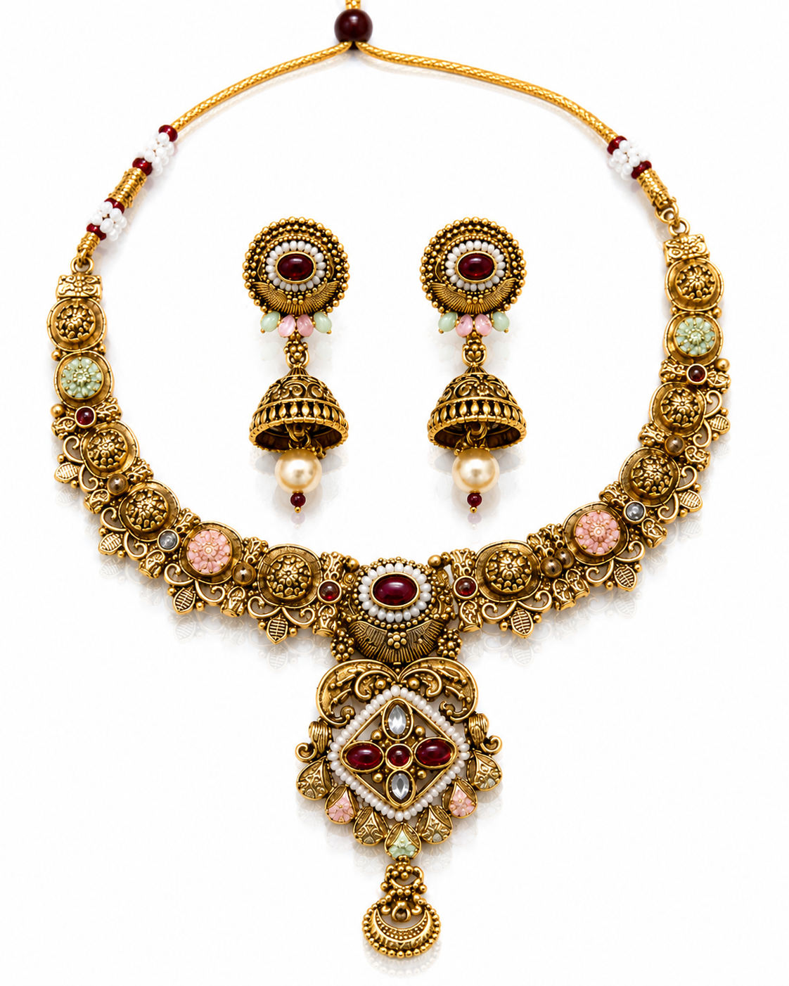 Royal Antique Gold Multicolor Kundan Necklace & Jhumka Set