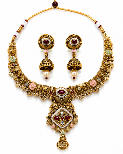 Royal Antique Gold Multicolor Kundan Necklace & Jhumka Set