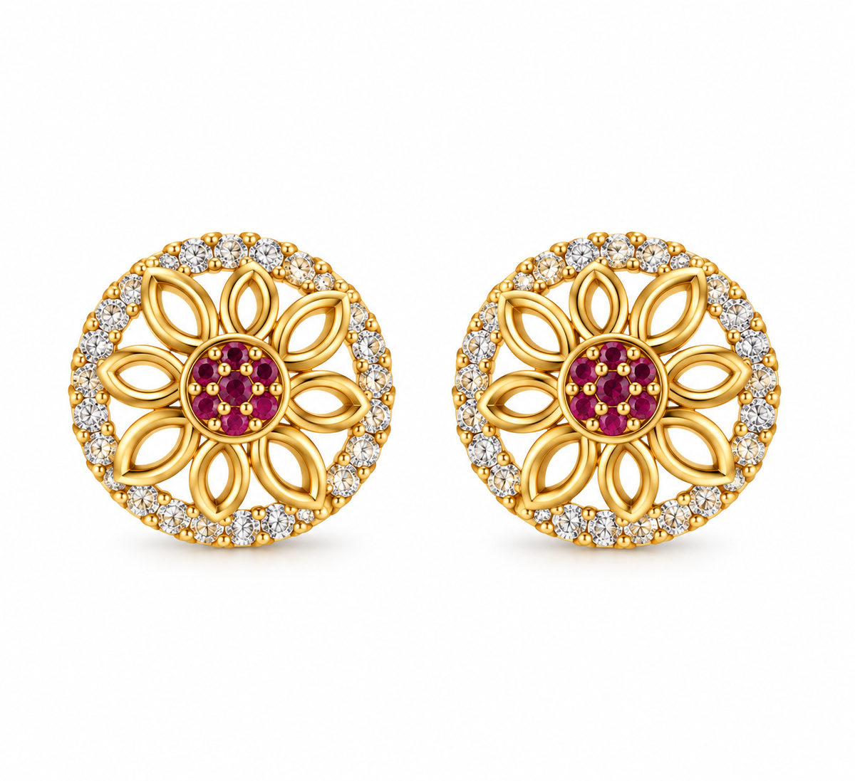 Premium Gold-Toned Floral Stud Earrings with Ruby Accents