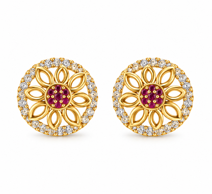 Premium Gold-Toned Floral Stud Earrings with Ruby Accents