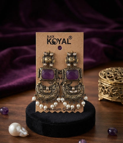Premium Purple Crystal Antique Gold Chandbali Earrings