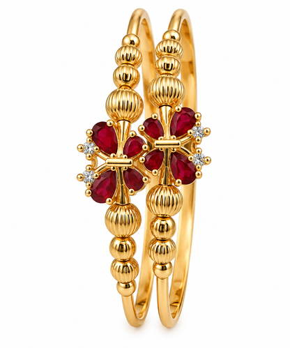 Gold-Toned Red Stone Floral Bangle