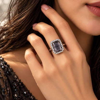 Silver-Toned Smoky Grey Statement Ring