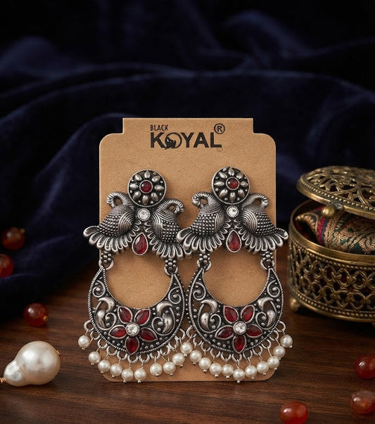 Premium Oxidized Silver-Toned Ruby Red Floral Chandbali Earrings