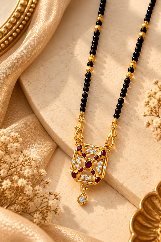 Elegant Black-Beaded Mangalsutra with Maroon Stone Pendant
